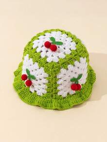 1pc Girls Winter Knitted Hollow Cherry Warm Hat, Fashion Kids Knitted Cap, Hand-Knitted Cherry Hat Suitable For 3-8Y
