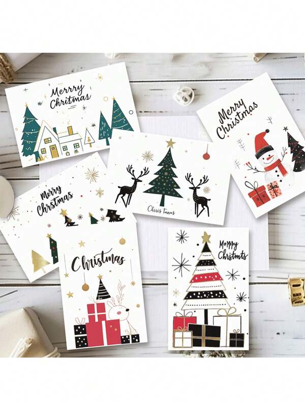 12 Sets, Christmas Tree Greeting Card Set, Christmas Eve Blessing Handwritten Folding Card, Party Invitation Christmas Tree Blessing Card, Party Invitation, Business Mail