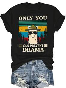 Camiseta con diseño de llama y texto "Camping Only You Can Prevent Drama" - Camiseta de mujer y unisex de verano, casual, transpirable, con cuello redondo, manga corta, estilo callejero y versátil, adecuada para adolescentes y adultos - Negro - Ver 1