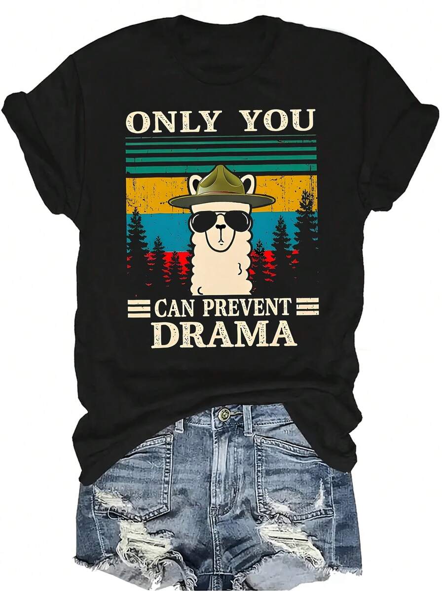 Camiseta con diseño de llama y texto "Camping Only You Can Prevent Drama" - Camiseta de mujer y unisex de verano, casual, transpirable, con cuello redondo, manga corta, estilo callejero y versátil, adecuada para adolescentes y adultos - Negro - Ver 1