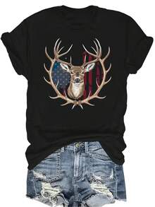 Camiseta con estampado gráfico de bandera de ciervo para mujer y unisex, de verano, casual, transpirable y de personalidad, con cuello redondo y manga corta, para streetwear y versátil, adecuada para adolescentes y adultos - Negro - Ver 1