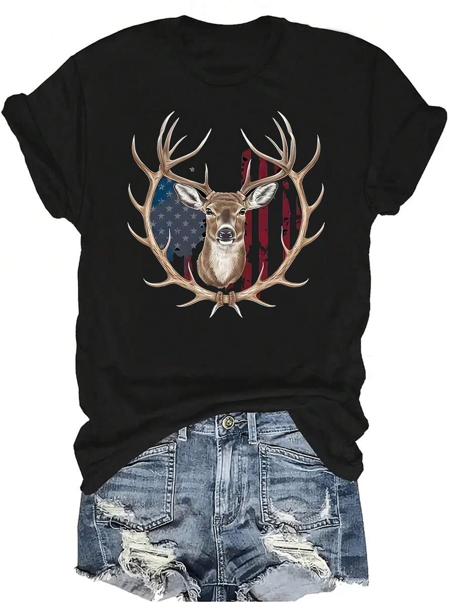 Camiseta con estampado gráfico de bandera de ciervo para mujer y unisex, de verano, casual, transpirable y de personalidad, con cuello redondo y manga corta, para streetwear y versátil, adecuada para adolescentes y adultos - Negro - Ver 1