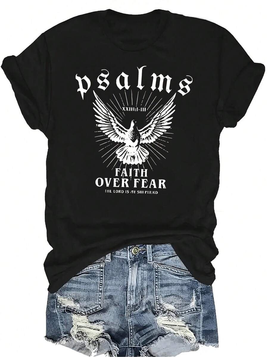 Camiseta "Himno a la fe sobre el miedo" para mujer y unisex, de verano, casual, transpirable, con personalidad, cuello redondo, manga corta, ropa de calle, versátil, adecuada para adolescentes y adultos - Negro - Ver 1