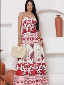 Look Of Millions!!! Long Strapless Dress With Floral Print - Printed Red - View 2