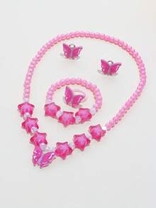 5pcs/10pcs Girls Pink Charm Beaded Butterfly, Pentagram, Flower Bracelet, Necklace, Ring, Earrings Jewelry Set, Suitable For BFFs, Little Sisters, Daily, Party, Birthday Gift - Multicolor - View 10