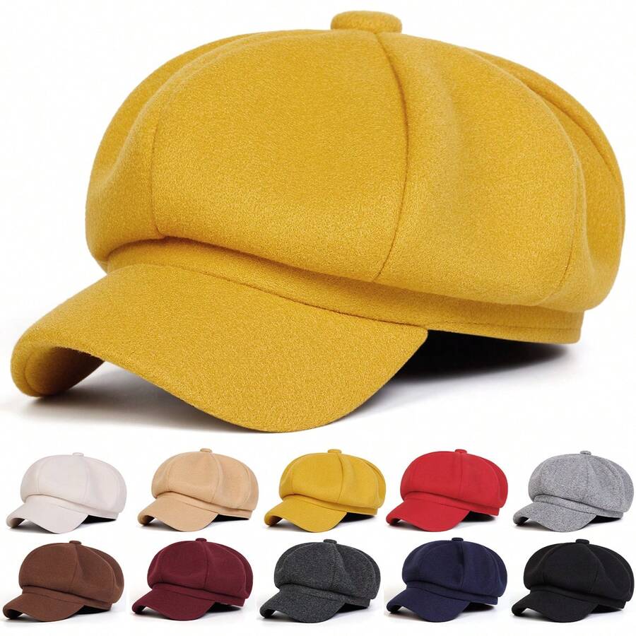 1 pieza Sombrero octogonal de fieltro de lana de unicolor para mujer, boina de moda, versátil para exteriores, casual, negocios, fiestas, cálido para otoño/invierno - Multicolor - Ver 1