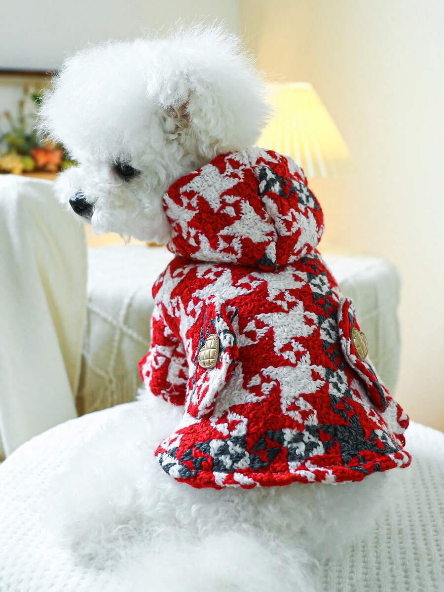 1pc Pet Clothes, Dog/Cat Apparel For Small Dogs/Puppies, Cute Happy Puppy/Kitten Outfit, Small Dog Autumn/Winter Warm Comfortable Houndstooth Windbreaker - Red