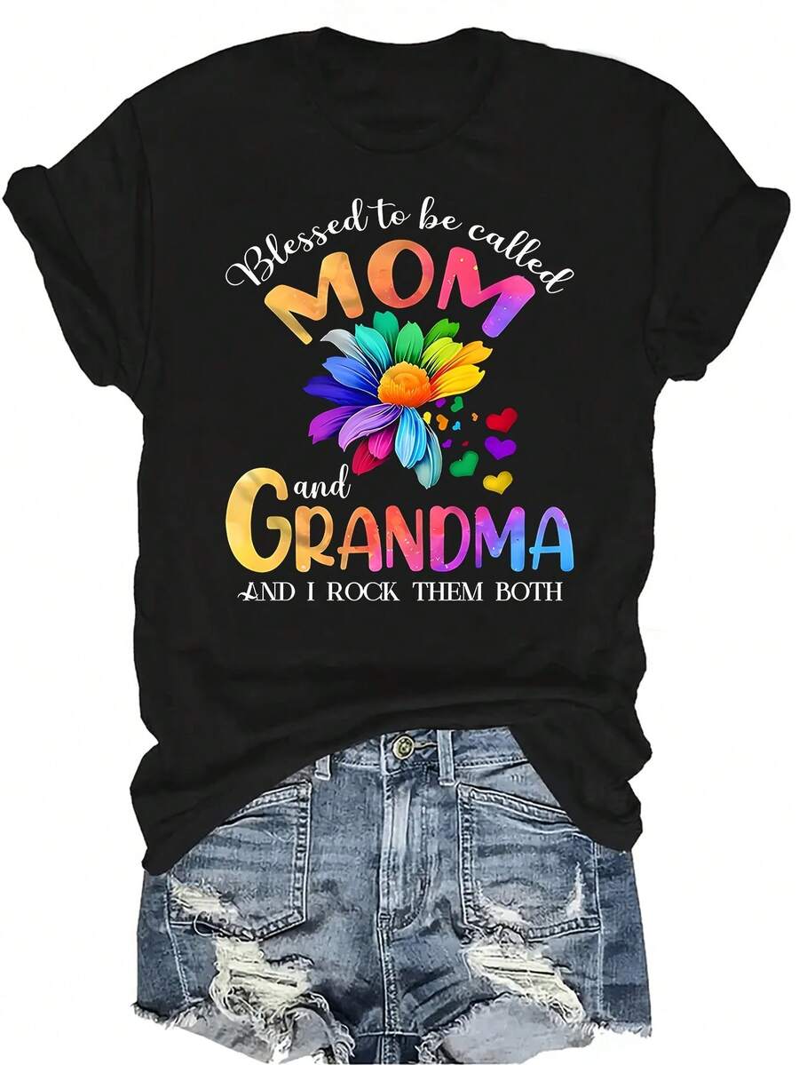 Bendecida por ser llamada mamá y abuela - Camiseta de diseño floral colorido para mujer y unisex, de verano, casual, transpirable y de personalidad, con cuello redondo y manga corta, para streetwear y versátil, adecuada para adolescentes y adultos - Negro - Ver 1