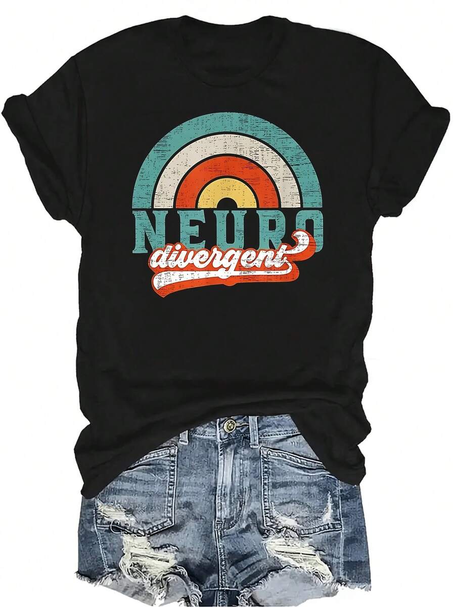 Camiseta de Orgullo Neurodivergente para Autismo, Unisex, Verano, Casual, Transpirable, Personalidad, Cuello Redondo, Manga Corta, Ropa de Calle, Versátil, Adecuada para Adolescentes y Adultos - Negro - Ver 1