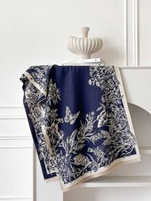 1 chiếc khăn choàng Jacquard họa tiết hoa thanh lịch, chăn choàng ấm áp phong cách Bohemian dành cho nữ, thích hợp cho phòng có máy lạnh, phụ kiện thời trang cho mùa thu/đông cho trang phục - Màu xanh hải quân - Xem 3