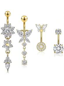 4pcs 14G Stainless Steel Fashionable Navel Rings, Suitable For Daily Wear, Festivals, Beach Vacation