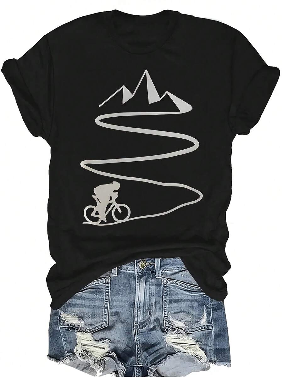 Camiseta de ciclismo de montaña para mujer y unisex, de verano, casual, transpirable, con personalidad, cuello redondo, manga corta, ropa de calle, versátil, adecuada para adolescentes y adultos - Negro - Ver 1