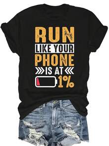 Corre como si tu teléfono estuviera al 1% Camiseta de campo a través para mujer y unisex, de verano, casual, transpirable, con personalidad, de cuello redondo, de manga corta, ropa de calle, versátil, adecuada para adolescentes y adultos - Negro - Ver 1