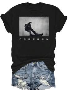 Ropa de esquí - Camiseta de snowboard para mujer y unisex, de verano, casual, transpirable, con personalidad, cuello redondo, manga corta, camiseta de streetwear versátil, adecuada para adolescentes y adultos - Negro - Ver 1