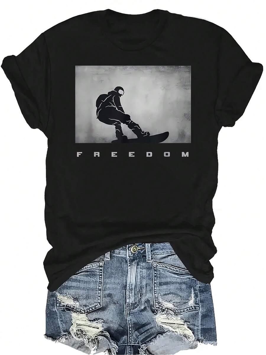 Ropa de esquí - Camiseta de snowboard para mujer y unisex, de verano, casual, transpirable, con personalidad, cuello redondo, manga corta, camiseta de streetwear versátil, adecuada para adolescentes y adultos - Negro - Ver 1