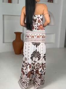 Look Of Millions!!! Long Strapless Dress With Floral Print - Medium Wash - View 3