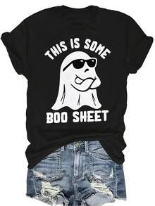 Esta es una camiseta "Boo Sheet" para mujer y unisex, de verano, casual, transpirable y con personalidad. Cuello redondo, manga corta, estilo streetwear y versátil, adecuada para adolescentes y adultos - Negro - Ver 1