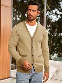 Men's Long Sleeve Button Down Knitted Cardigan Sweater With Pockets, Casual Style - Khaki Muda - View 2