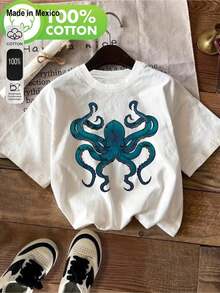 1 camiseta unisex de corte holgado con estampado, estilo de ilustración de dibujos animados, camiseta blanca con pulpo azul. Perfecta para las vacaciones de verano, Halloween, el Día de la Independencia de México y más. - Blanco - Ver 1