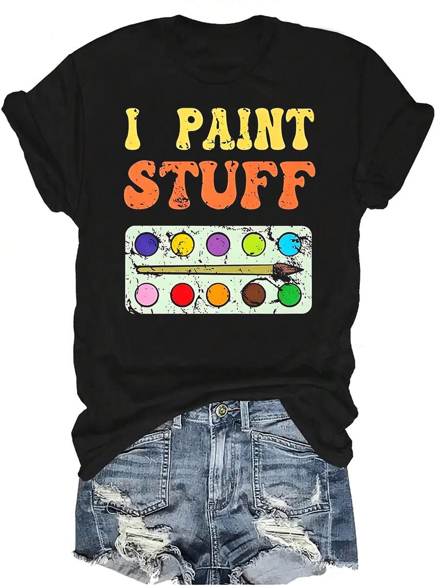 Camiseta con patrones interesantes para mujer y unisex, de verano, casual, transpirable, con cuello redondo, manga corta, estilo urbano y versátil, adecuada para adolescentes y adultos - Negro - Ver 1
