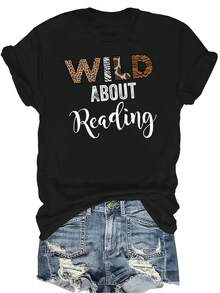 Camiseta de lectura para mujer y unisex, de verano, casual, transpirable, con cuello redondo, manga corta, estilo urbano y versátil, adecuada para adolescentes y adultos - Negro - Ver 1