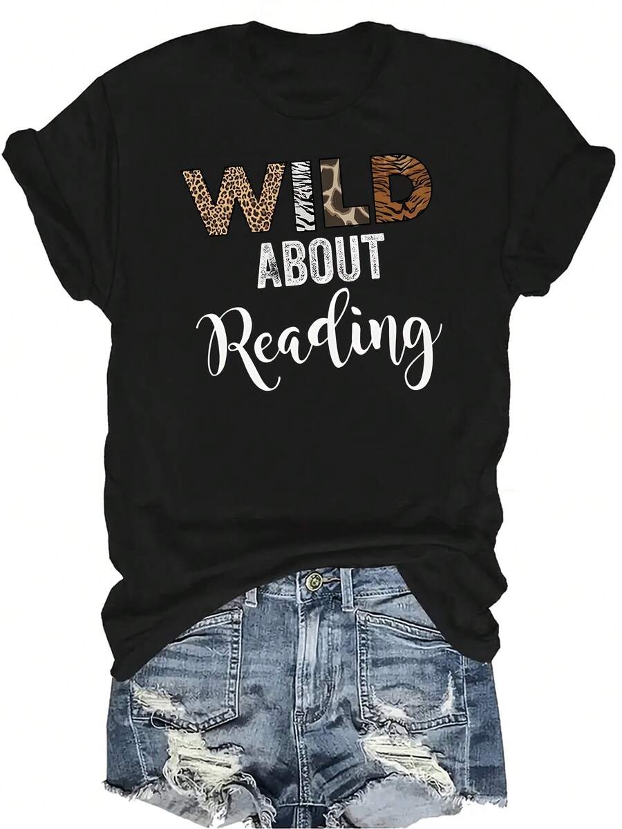Camiseta de lectura para mujer y unisex, de verano, casual, transpirable, con cuello redondo, manga corta, estilo urbano y versátil, adecuada para adolescentes y adultos - Negro - Ver 1
