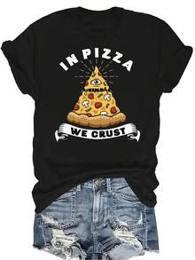 Camiseta con teoría de conspiración de sociedad secreta "En la pizza está la corteza" para mujeres y unisex, de verano, casual, transpirable, de personalidad, de cuello redondo, de manga corta, de streetwear, versátil, adecuada para adolescentes y adultos - Negro - Ver 1