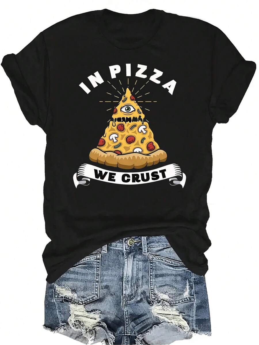 Camiseta con teoría de conspiración de sociedad secreta "En la pizza está la corteza" para mujeres y unisex, de verano, casual, transpirable, de personalidad, de cuello redondo, de manga corta, de streetwear, versátil, adecuada para adolescentes y adultos - Negro - Ver 1