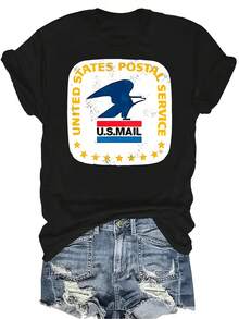 Camiseta de águila retro para mujer, unisex, de verano, casual, transpirable, con personalidad, cuello redondo, manga corta, ropa de calle, versátil, adecuada para adolescentes y adultos - Negro - Ver 1
