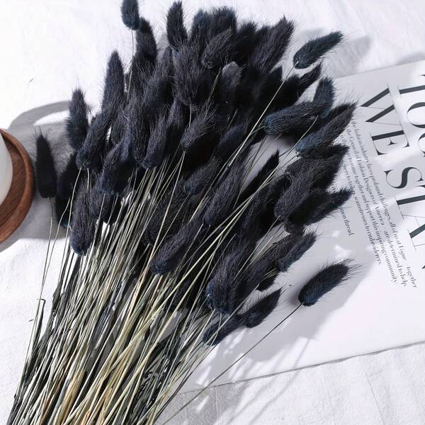 120 件黑色蒲苇干兔尾巴花迷你天然干花插花干花带茎适用于波西米亚风家居婚礼 DIY 工艺派对装饰圣诞节和万圣节