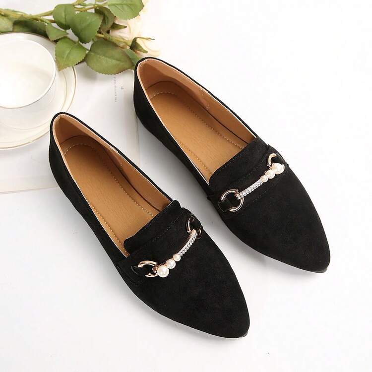 2025新款尖头黑色女士平底鞋，软底办公室工作乐福鞋，舒适防滑妈妈鞋，时尚百搭牛津鞋 - 黑色 - 查看 14