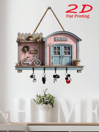 1pc Comfortable Home Decor, Simple Multicolor Wooden Key Holder Organizer Plaque With 4 Metal Hooks (25cm X 15cm), 2D Flat, Wall Decor, Entryway Decor, Room Decor, Villa Decor, Multipurpose Home Decor For All Seasons