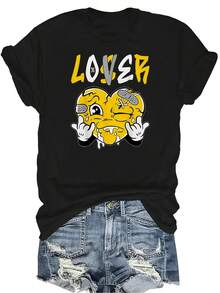 Camiseta de mujer y unisex de manga corta, cuello redondo, de verano, casual, transpirable y con personalidad, con estampado de corazón amarillo goteado "Loser Lover", adecuada para adolescentes y adultos - Negro - Ver 1