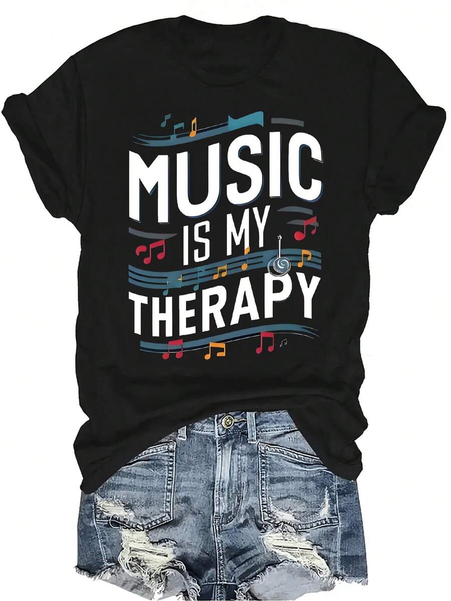 Camiseta con patrones interesantes para mujer y unisex, de verano, casual, transpirable, con cuello redondo, manga corta, estilo urbano y versátil, adecuada para adolescentes y adultos - Negro - Ver 1