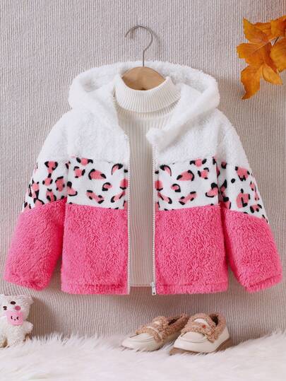 女童双面穿仿皮草豹纹拼色夹克，女童休闲连帽保暖外套，适合秋冬季