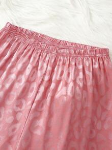 2pcs Girls Leopard Print Satin Comfortable Lapel Cardigan And Pants Pajama Set - Pink - View 5