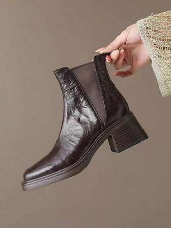 Chelsea Boots For Women, Leather Upper, Chunky Heel, Fall, Winter, Autumn, Square Toe, Thermal Lining, Elastic, Slim Fit, Short Boots, Boots, Elegant
