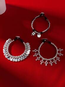 1PC New Simple And Fashionable Street Y2K Asymmetric Cross Clover Round Tassel Braided Bead Bracelet, Suitable For Men And Women's Daily Matching, Suitable For Party And Birthday Gifts Autumn/Winter Halloween