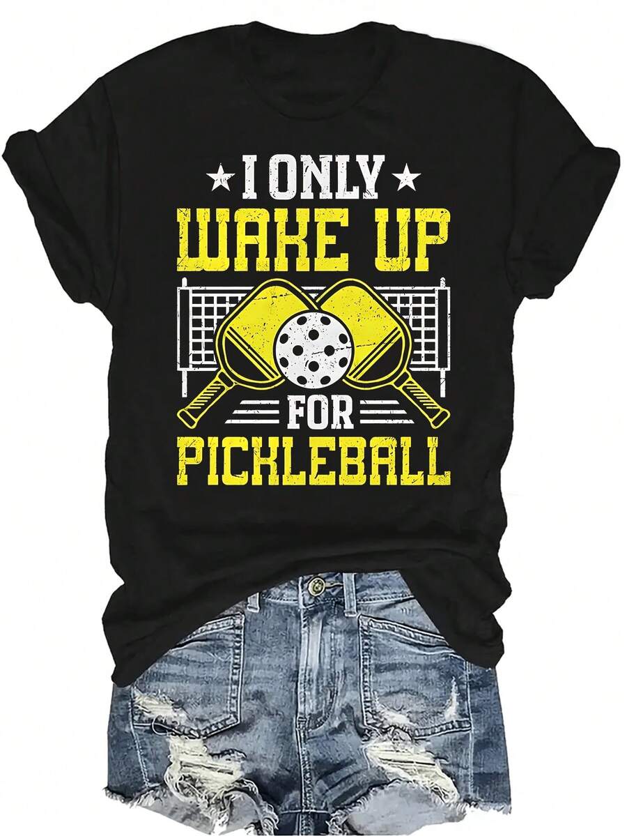 Solo me despierto para la camiseta de la paleta de Pickleball Dink, para mujeres y unisex, de verano, casual, transpirable, con personalidad, de cuello redondo, de manga corta, ropa de calle, versátil, adecuada para adolescentes y adultos - Negro - Ver 1