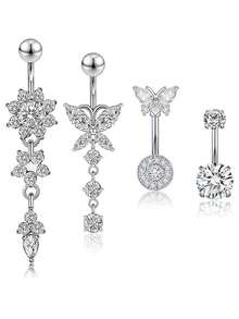 4pcs 14G Stainless Steel Fashionable Navel Rings, Suitable For Daily Wear, Festivals, Beach Vacation