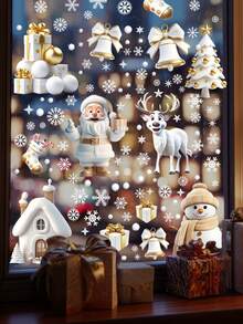 111pcs (9 Sheets) Christmas Glass Stickers, Snowflake, Santa Claus, Reindeer, Snowman Pattern Christmas Window Decorative Stickers, Suitable For Indoor Window Decoration During Winter Holidays - White & Gold Series