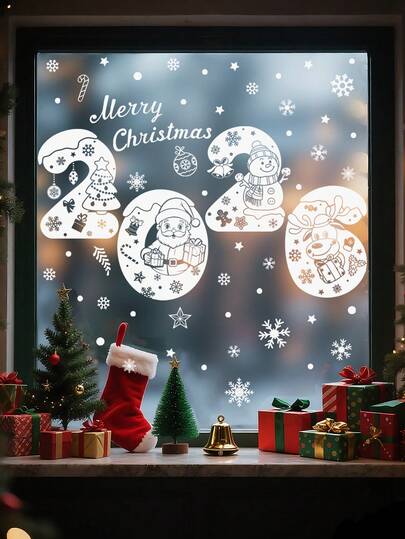 55 szt. (4 duże arkusze) 2026 świątecznych naklejek na okno, zdejmowane, statyczne naklejki na okno w kształcie płatka śniegu, do dekoracji świątecznych, zimowe dekoracje świąteczne, odpowiednie do salonu, sypialni, klasy, sklepu