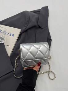 Túi vuông mini hình thoi có dây đeo có thể điều chỉnh, Túi đeo vai nữ, Túi đeo chéo có dây xích, Túi chần bông, Túi mini nhẹ, Thích hợp để đi làm, Thường ngày, Phối đồ hàng ngày, Hẹn hò, Công sở, Sinh viên - Bạc - Xem 9