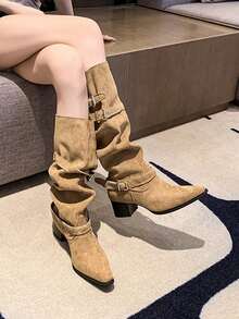 女士西部靴，2025秋冬新款，尖头粗跟套穿式宽筒西部靴，褶皱高筒靴（不过膝），牛仔靴