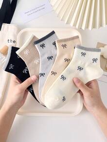 5 Pairs Women's Cute Breathable Bow Pattern Short, Simple And Comfortable Crew Socks, Ankle Socks, White Socks, Black Socks For Daily & Casual Wear, Suitable For Fall&Winter, For All Seasons