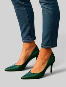 纯色通勤 PU 皮革高端舒适时尚尖头女鞋，适合节日、婚礼、派对、办公室 - 綠色 - 查看 1