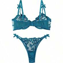 Sexy Underwire Cute Push Up Strappy Embroidered Mesh Sheer Lingerie Set See Through Panty Bra - Cung ngọc lam - Xem 2