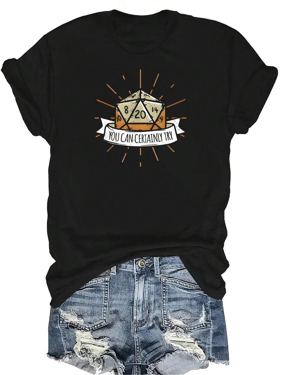 Camiseta con patrones interesantes para mujer y unisex, de verano, casual, transpirable, con cuello redondo, manga corta, estilo urbano y versátil, adecuada para adolescentes y adultos - Negro - Ver 1