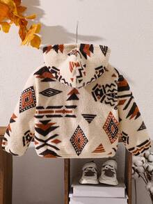 Young Boys Fleece Printed Jacket, Hooded Casual Zip-Up Warm Outerwear, Autumn/Winter - Beige - View 2