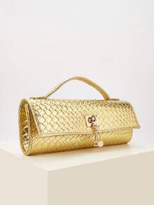 REMANLAND 亮面鳄鱼纹手提包，奢华女士新款派对手拿包，精致长款正式包，配金属吊坠，适合搭配华丽礼服，是夏季派对、聚会、盛会、婚礼和其他场合的理想之选。 - 金色 - 查看 4